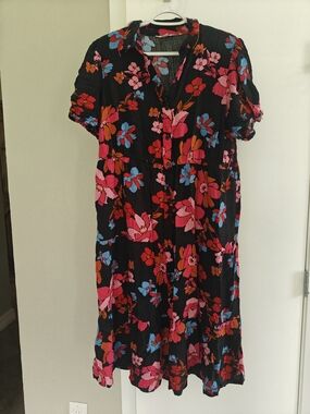 Time and Tru Black Midi Dress with Pink, Red-Orange & Blue Floral Print